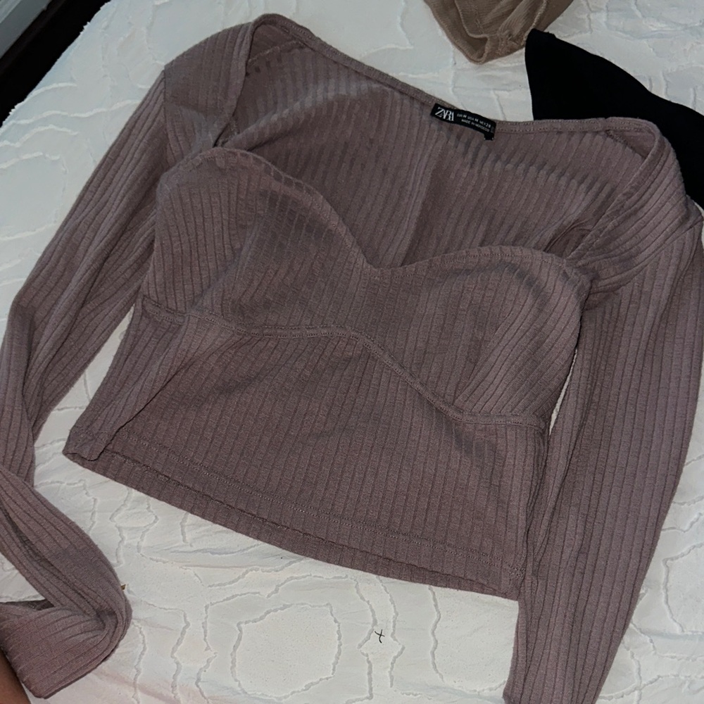 Zara Mauve Ribbed Bustier Long Sleeve Top